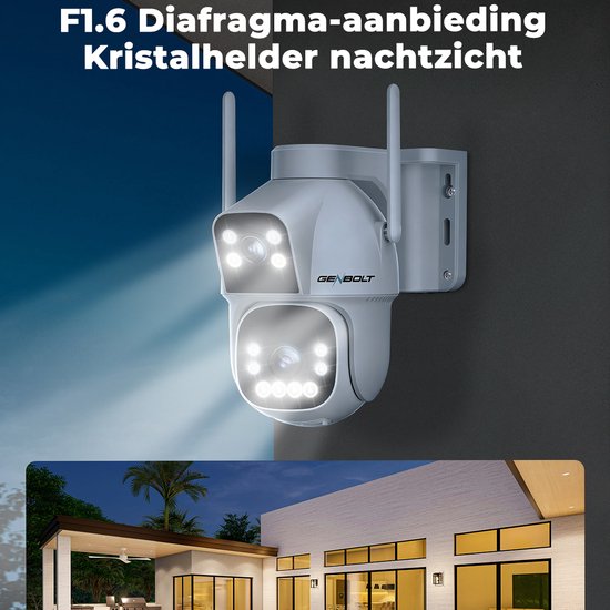 Witte Genbolt beveiligingscamera met dubbele lens en verlichting, gemonteerd op een muur.