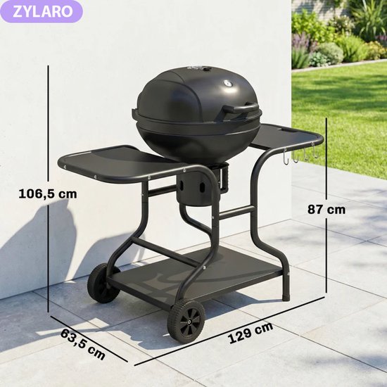 Premie Houtskool Barbecue - Houtskoolgrill met Rookfunctie - Grillrooster - Grilloppervlak Ø54 cm - met Bijzettafels, Deksel, Thermometer en Wielen - BBQ voor Kamperen, Buiten, Tuin - 129 x 63,5 x 106,5 cm - Zwart van Merkloos — afbeelding 4