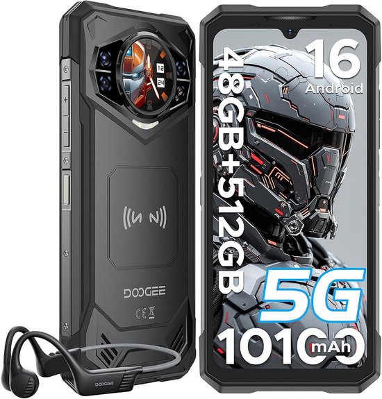 Zwarte robuuste Doogee smartphone met 48GB+512GB RAM, 10100mAh batterij, 5G en oordopjes.