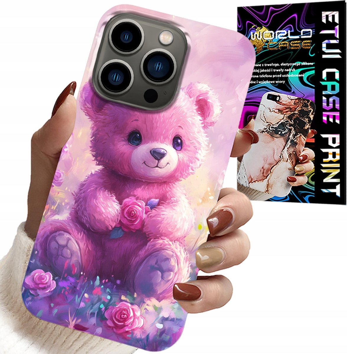 Hoesje voor iPhone 15 Pro Max - schattige teddybeer op roze achtergrond, hoesje + glas