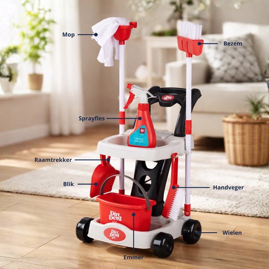 Dirt Devil Speelgoed Schoonmaaktrolley - Schoonmaak Speelgoed voor Kinderen vanaf 3 Jaar - Inclusief Bezem, Emmer, Sprayfles, Handveger - Speelgoed Schoonmaakset met Accessoires van Theo Klein — afbeelding 5