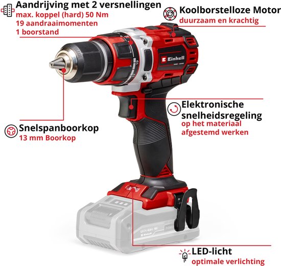 Gedetailleerde illustratie van een rode en zwarte Einhell accuboormachine met specificaties voor aandrijving, koppel, boorkop en LED-licht.