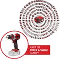 Een Einhell accuboormachine, rood en zwart, met batterij. De machine is onderdeel van de 'Power X-Change Family', weergegeven in een cirkeldiagram.