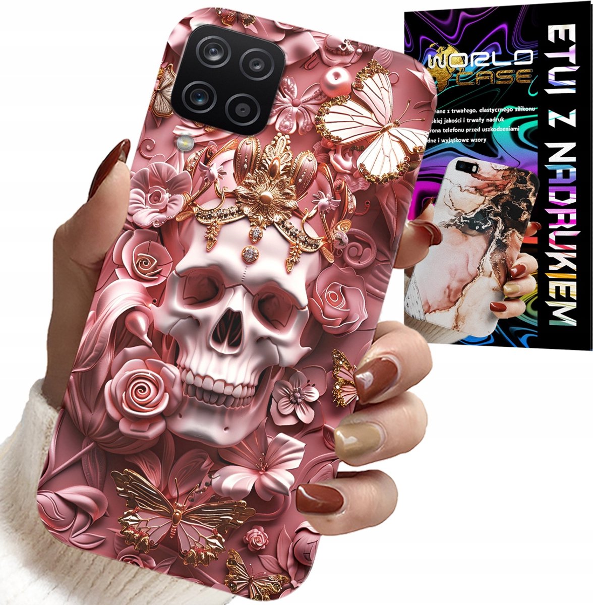 HOESJE VOOR SAMSUNG GALAXY A22 5G - VROUWELIJK, MODIEUS PATROON, SCHEDEL MET ROZEN