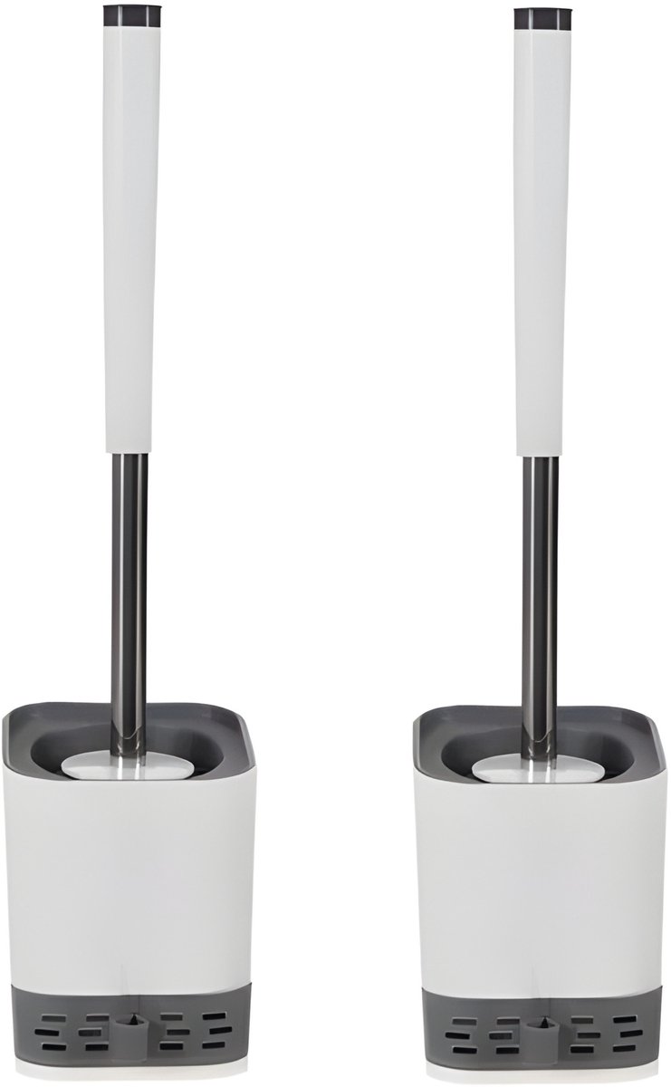 Ruhhy toiletborstel - 2x - wit/grijs - siliconen - H43 cm - met houder - siliconen toiletborstel - wc borstel