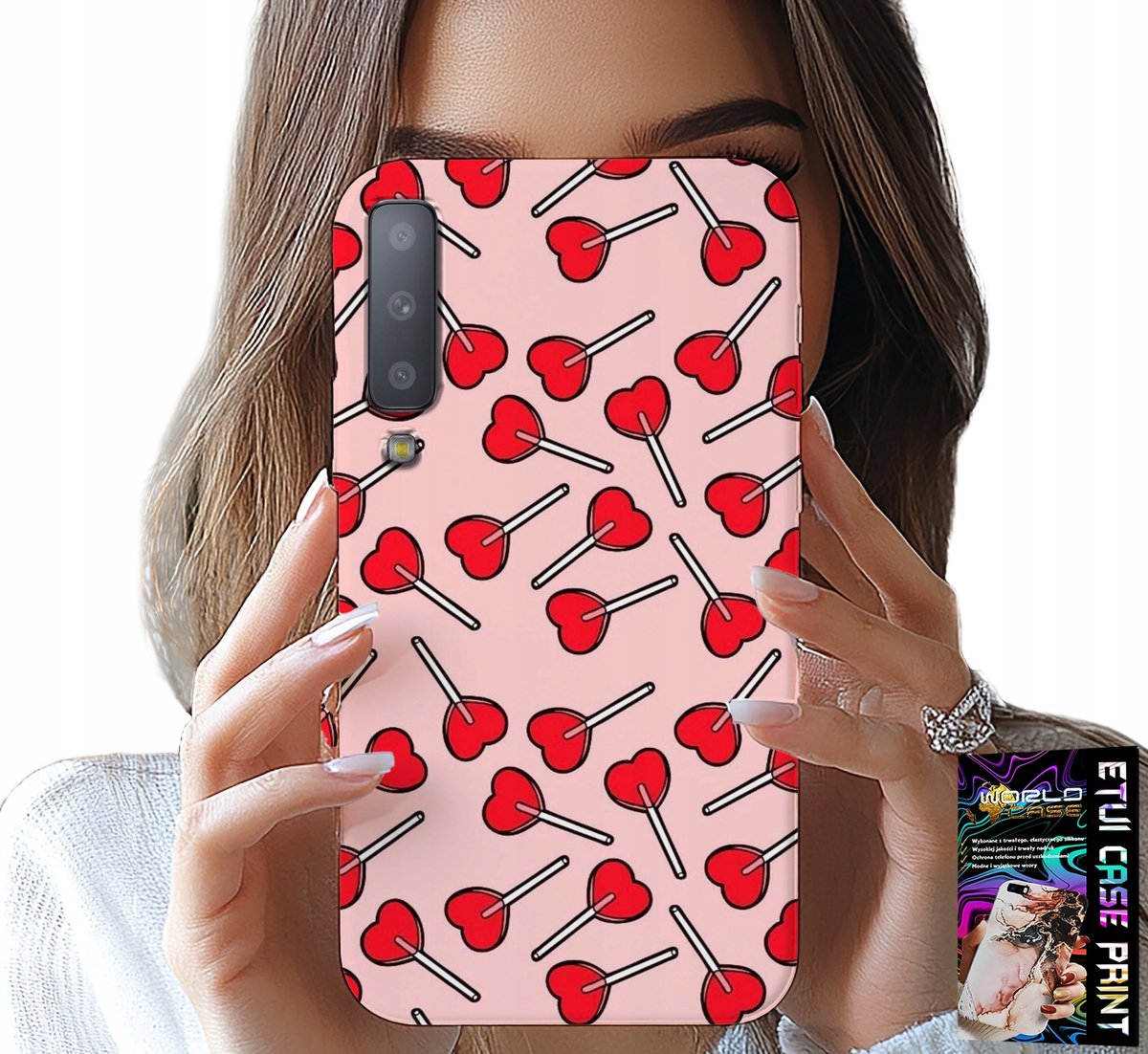 HOESJE VOOR SAMSUNG A7 2018 - VROUWELIJKE, MODIEUZE PATRONEN, LOLLIPOPS EN HARTJES