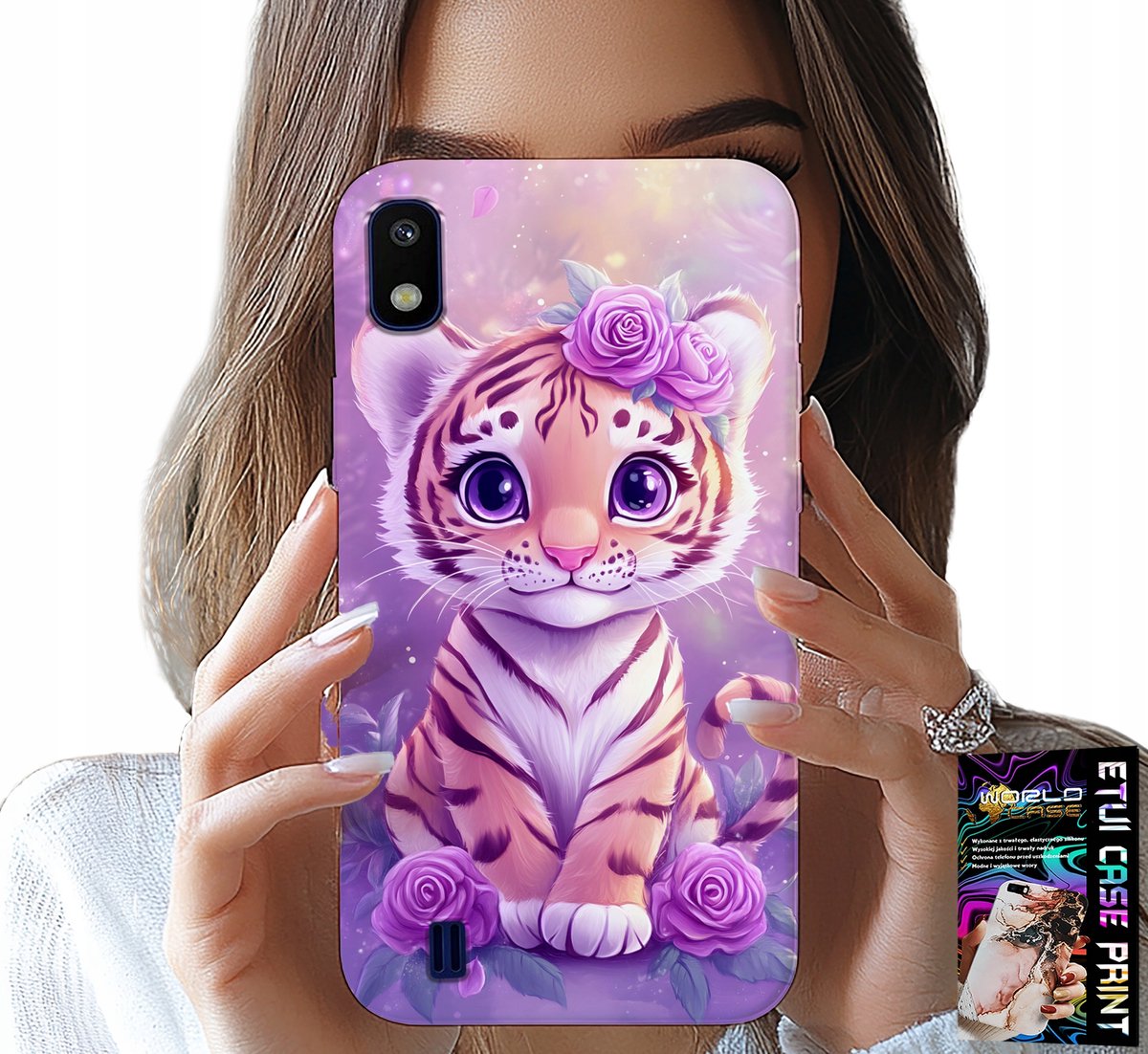 HOESJE VOOR SAMSUNG A10 - SCHATTIGE TIJGER OP EEN ROZE ACHTERGROND + GLAS