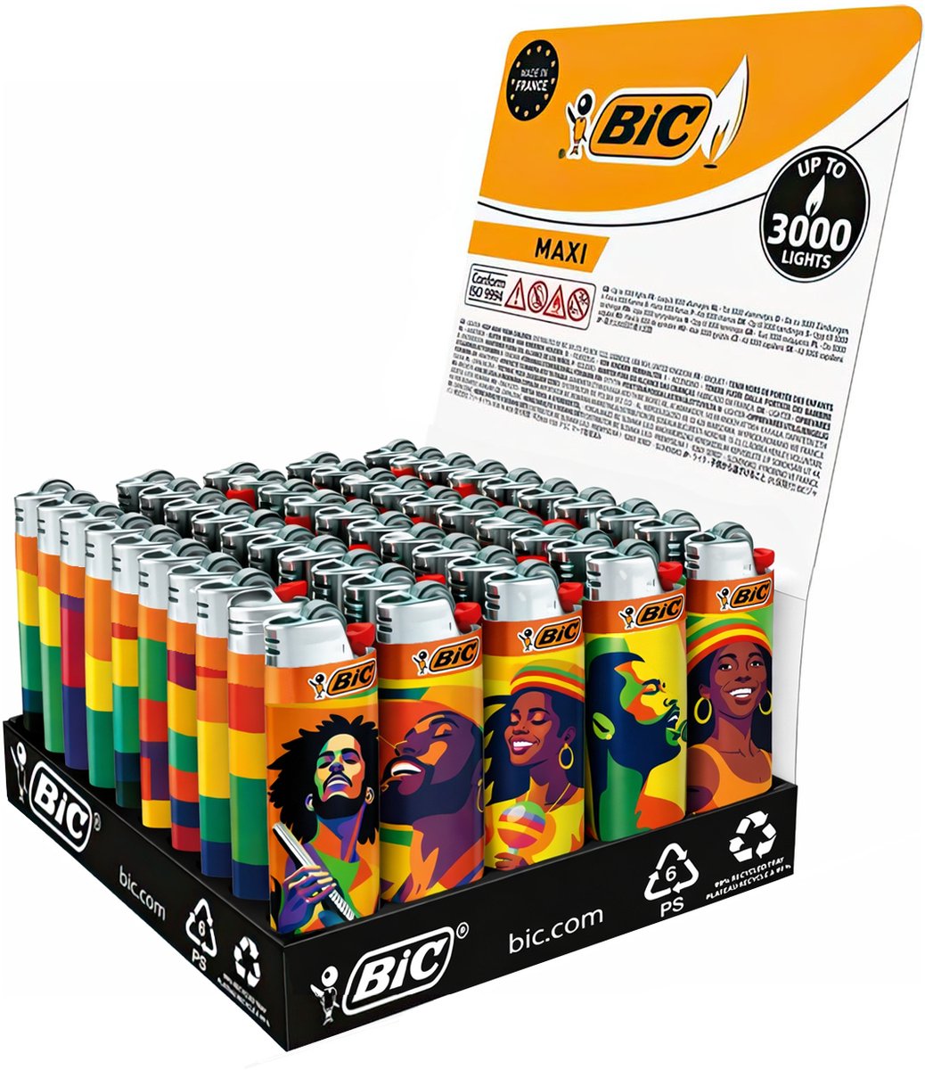 BIC® Maxi J26 aanstekers – Reggae Vibes – Display (50 stuks)