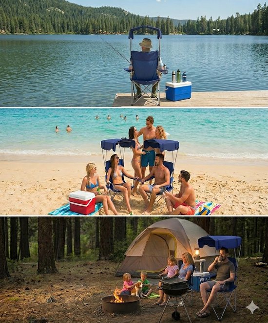 Meedeer Opvouwbare campingstoel met dak-Strandstoelen met parasol voor buiten-Bekerhouder-Draagbaar- Visstoel voor camping, vissen, uitstapjes, strand (blauw) — afbeelding 2