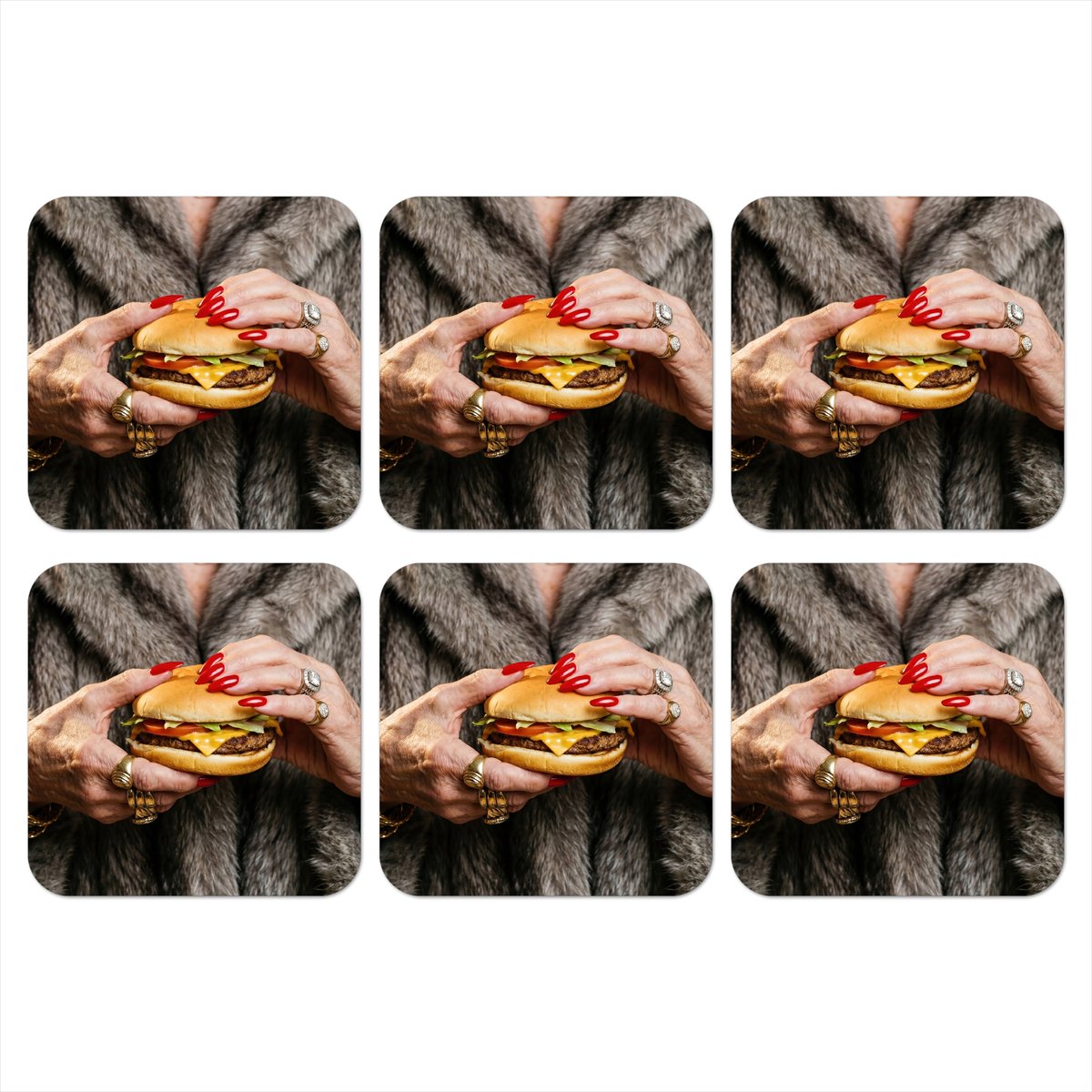 Onderzetters voor glazen - Vrouw - Hamburger - Bontjas - 10x10 cm - Glasonderzetters - 6 stuks