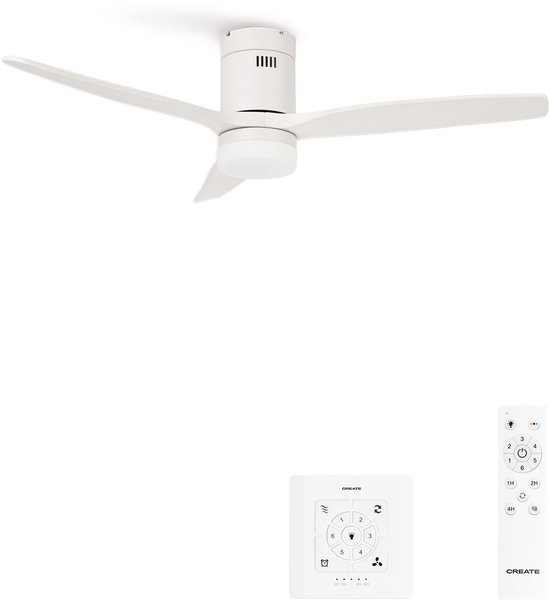 Witte plafondventilator met drie bladen, verlichting en twee afstandsbedieningen met CREATE-branding.