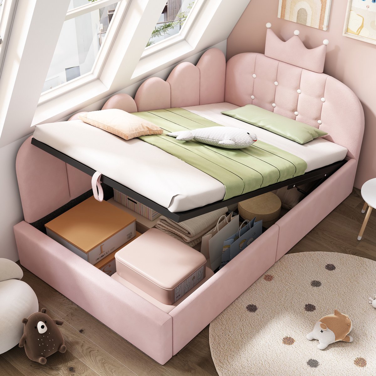 STILVORA Daybed 90x200 cm – Opbergruimte – Verwisselbare L-Vorm – Kinder- Of Logeerkamer – Fluweel – Zonder Matras – Roze