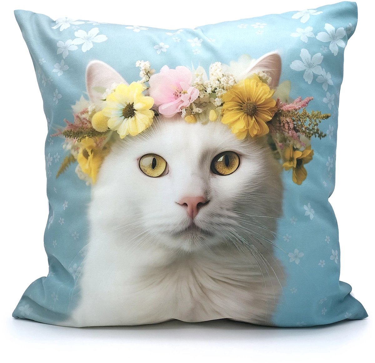Sierkussen Kat - Kat Kussenhoes - Kat met Bloemenkroon - 45x45 cm - Blauw