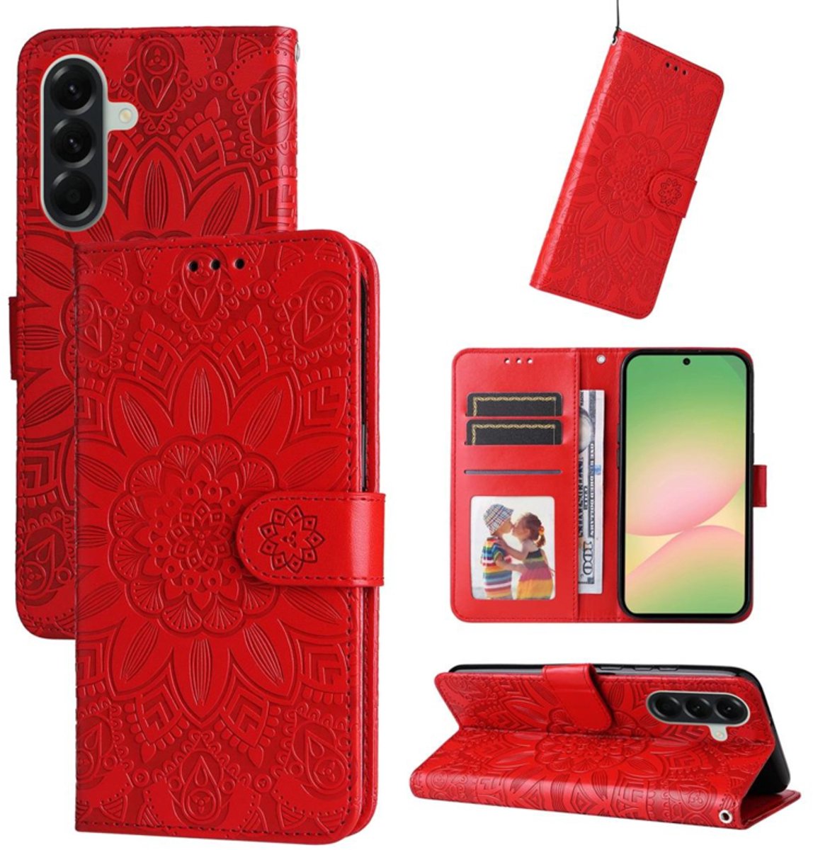 PU BoekCover Hoes Etui geschikt voor Samsung Galaxy A57 Rood - Bloem-Motief in Reliëf