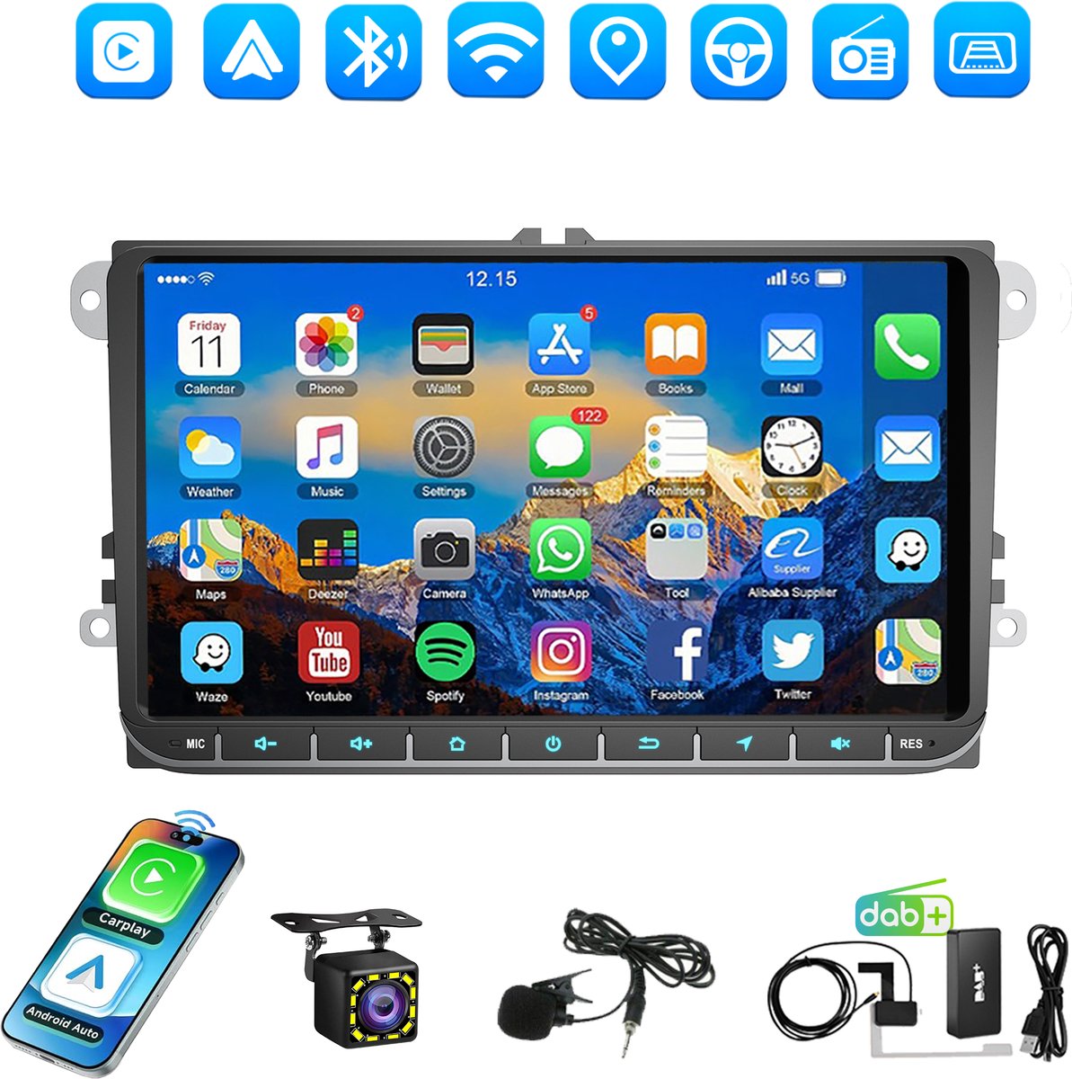 ESSGOO DAB+ Autoradio - Geschikt voor Volkswagen, Skoda & Seat - Apple Carplay & Android Auto - Android 14 - 1+32GB - 9 Inch HD Touchscreen - Bluetooth, USB, WiFi & MP5 - Navigatiesysteem - Achteruitrijcamera & Microfoon - 2026 Model