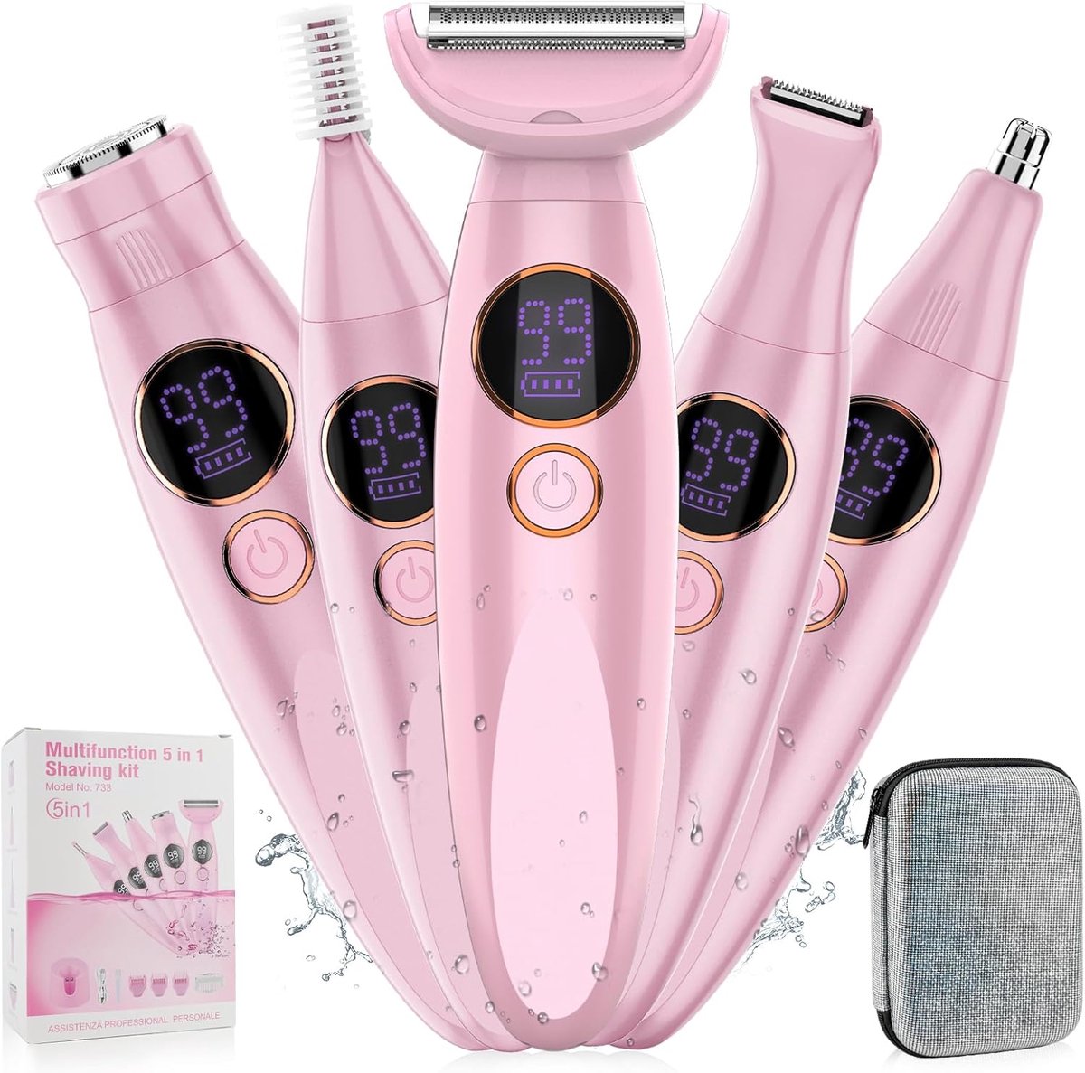 5-in-1 Bikinittrimmer voor Dames - IPX7 Waterdicht Draadloos Verwisselbare Opzetstukken - Pijnvrije Ontharing voor Armen, Benen, Oksels & Gezicht - Roze - 1 Stuk