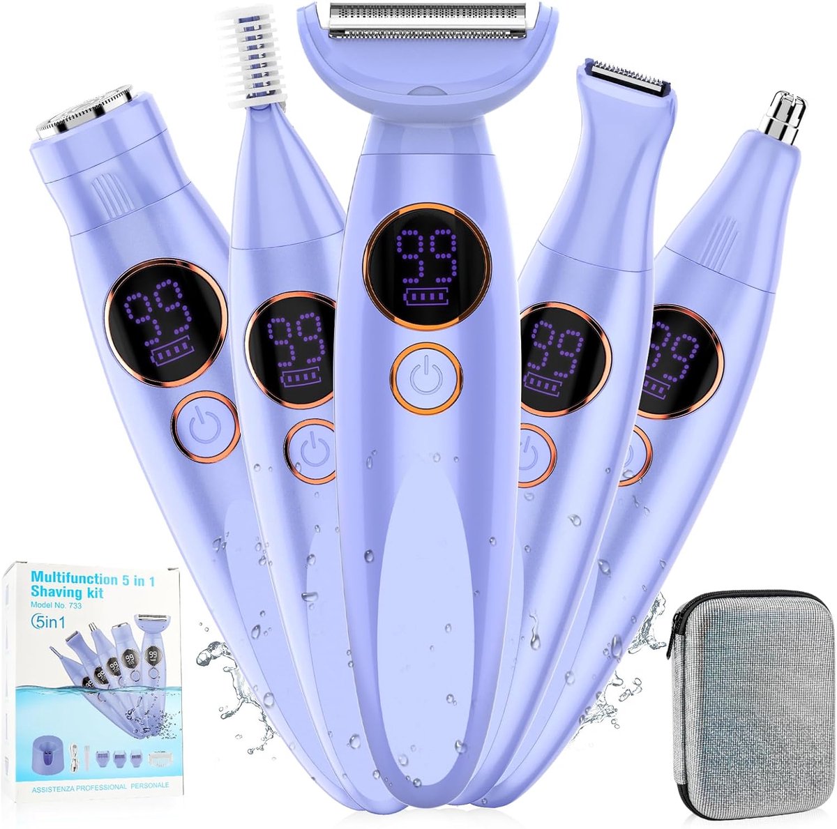5-in-1 Bikinittrimmer voor Dames - IPX7 Waterdicht Draadloos Verwisselbare Opzetstukken - Pijnvrije Ontharing voor Armen, Benen, Oksels & Gezicht -Paars - 1 Stuk