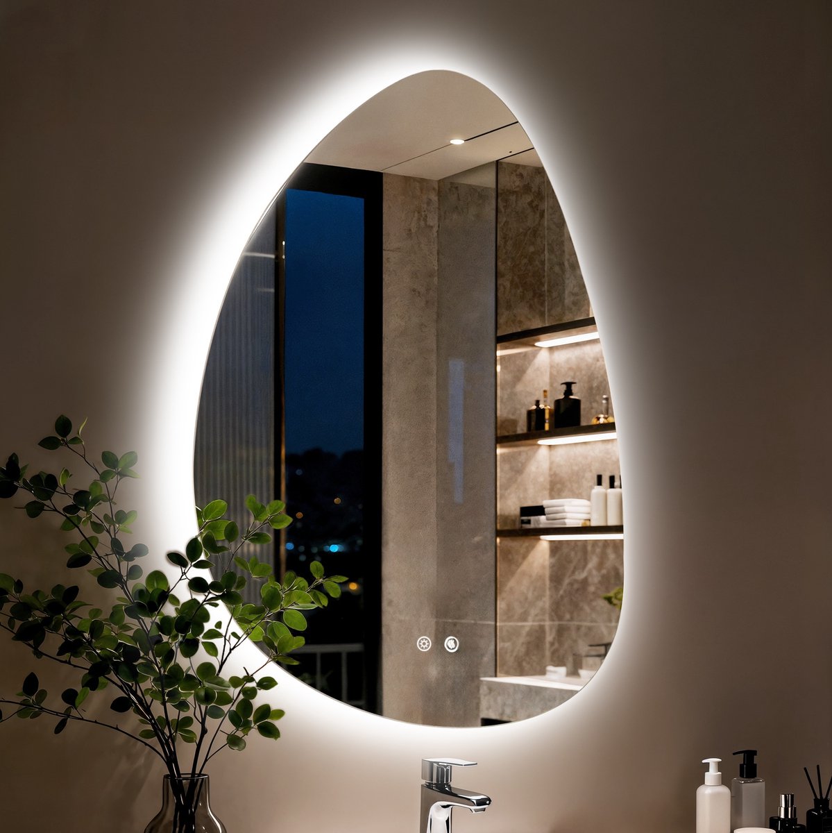 LUVODI Badkamerspiegel met LED Verlichting – 50 x 70 cm Onregelmatige Wandspiegel – Anticondens – Dimbaar, 3 Verlichtingsstanden