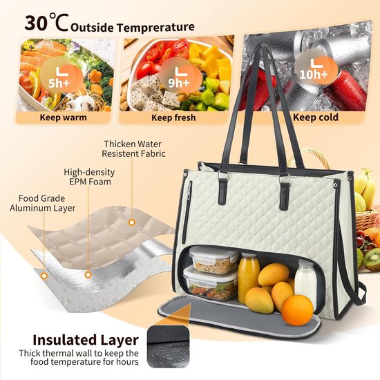 Lunchtas 2-in-1 - Luxe Luncher Werktas - handtas met geïsoleerde lunchkamer - 15,6 inch laptop - Tote Bag - Vrouwen Koeltas - waterdichte kantoortas met antidiefstalbeveiliging - voor werk, universiteit en reizen - wit - zwart — afbeelding 5