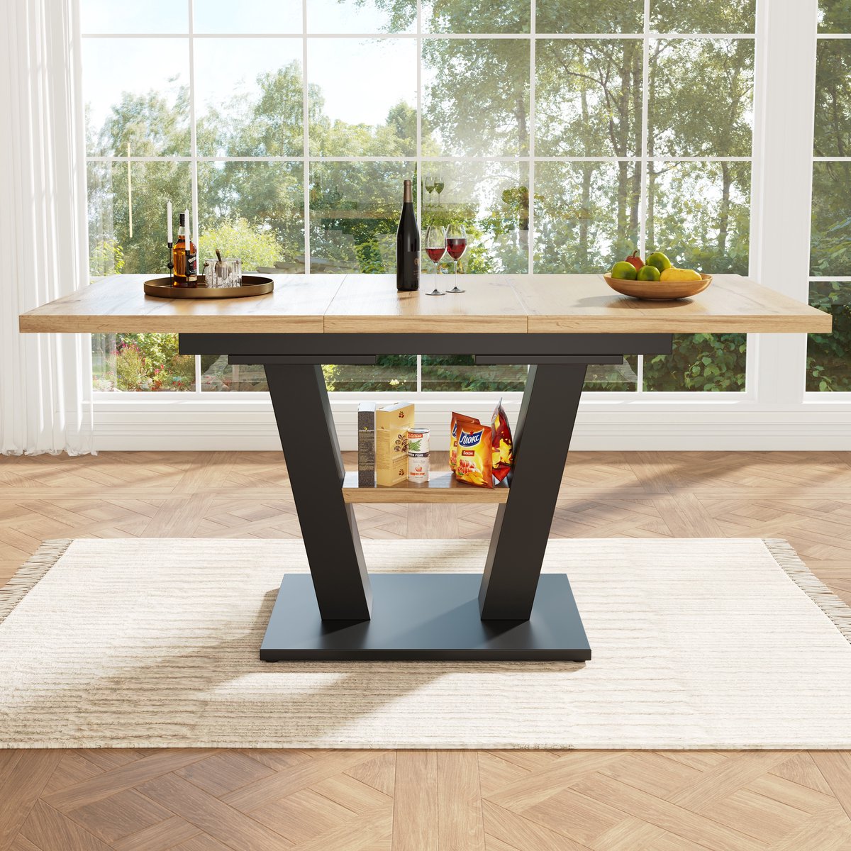 REDOM - Uitschuifbare Eettafel - Verlengbaar - Modern - Keuken En Woonkamer - MDF En Metaal - Zwart/Naturel - 118-157 x 70 x 75 cm