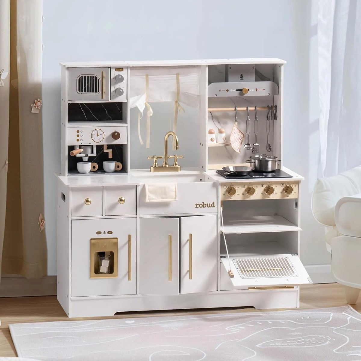 Robotime - ROBUD Houten Moderne Speelkeuken - Wit - Rollenspelset met Volledige Accessoires - Voor Peuters 3+