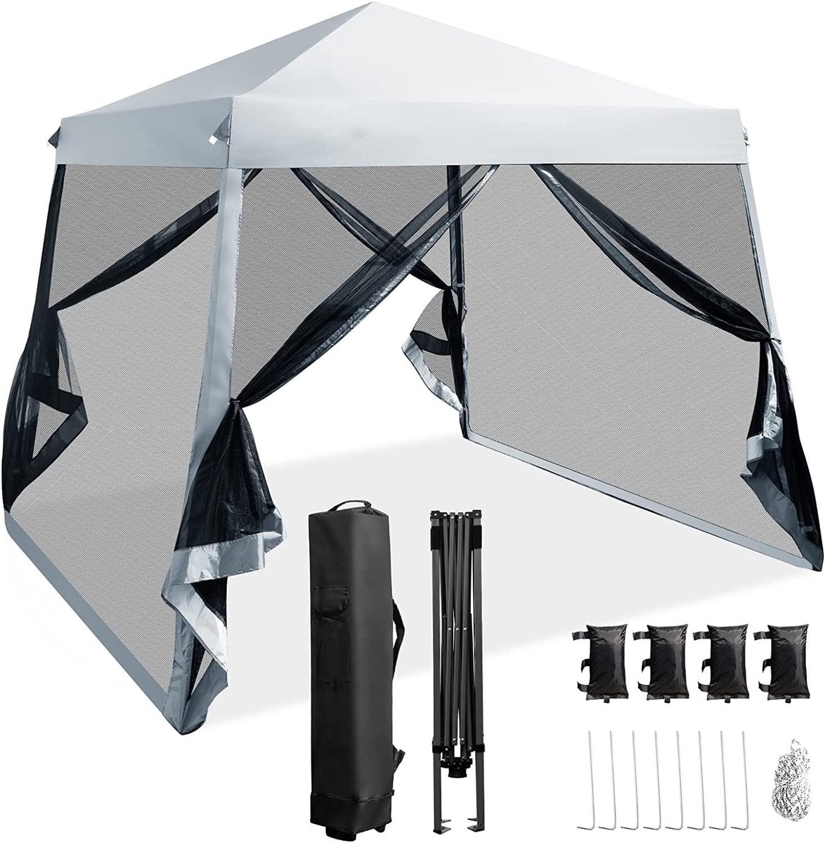KOMFOTTEU 3 x 3 m pop-up tuinpaviljoen, van Oxford met metalen frame, in hoogte verstelbare partytent met muggennet voor zonwering, opvouwbare pagodentent met tas, voor tuin, terras, park