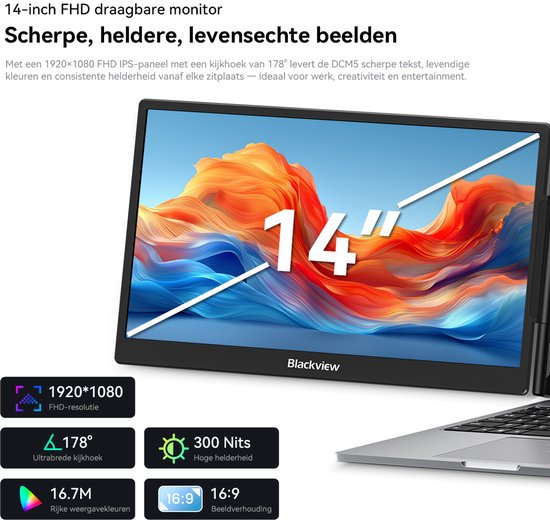 Een 14-inch Blackview FHD-scherm met levendige, kleurrijke graphics. Specificaties: 1920x1080, 178° kijkhoek, 300 nits, 16:9.