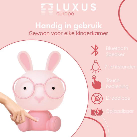 Luxus Nachtlamp Kinderkamer Bunny - Roze - Nachtlampje baby - Voor kinderen - Slaapkamer - 7 kleuren licht - RGB - Bluetooth speaker - Draadloos - Oplaadbaar van Merkloos — afbeelding 3