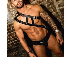 Oneay PU-leren kostuum met spiermotief, borstband, bondage-accessoire, schouderband, body bondage-kleding