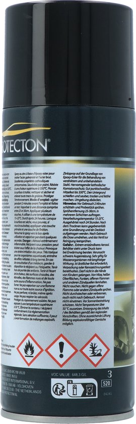 Protecton zinkspray blik met tekst in verschillende talen en waarschuwingssymbolen. 400ml.