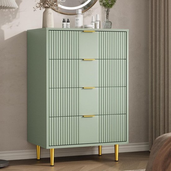 Commode Moderne avec 4 Tiroirs - Design Ondulé Unique - Dressoir / Meuble de Rangement pour Chambre & Salon - 60x40x94 cm - Vert Olive