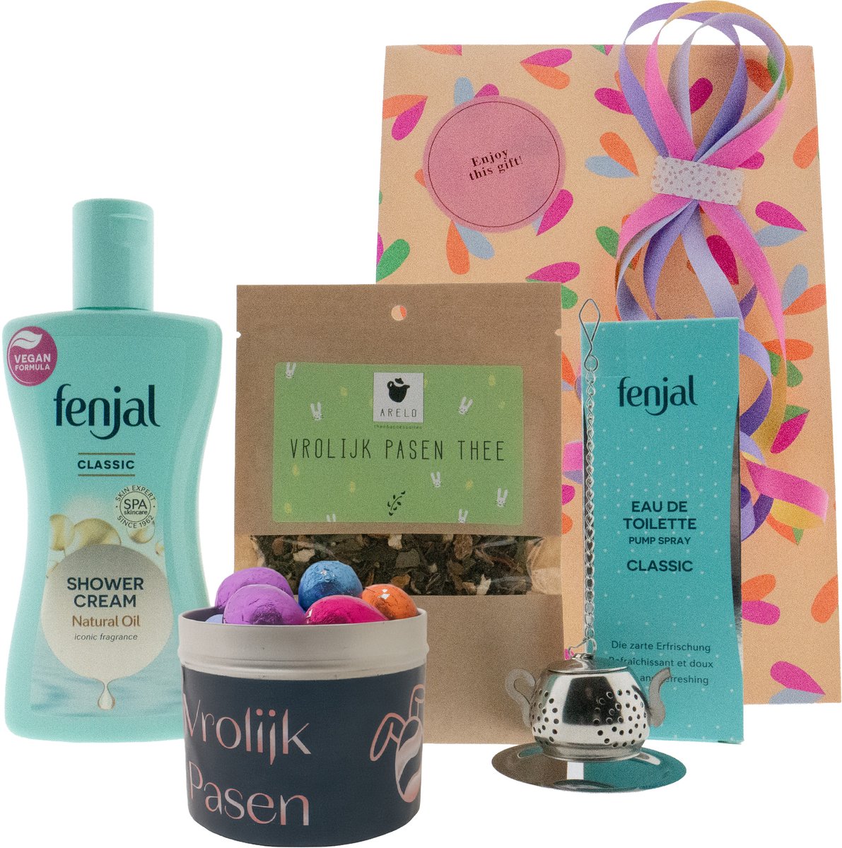 Fenjal Cadeauset Pasen - Fenjal Shower Crème Classic 200 ml - Fenjal Eau De Toilette Classic Pump Spray - ARELO Vrolijk Pasen thee