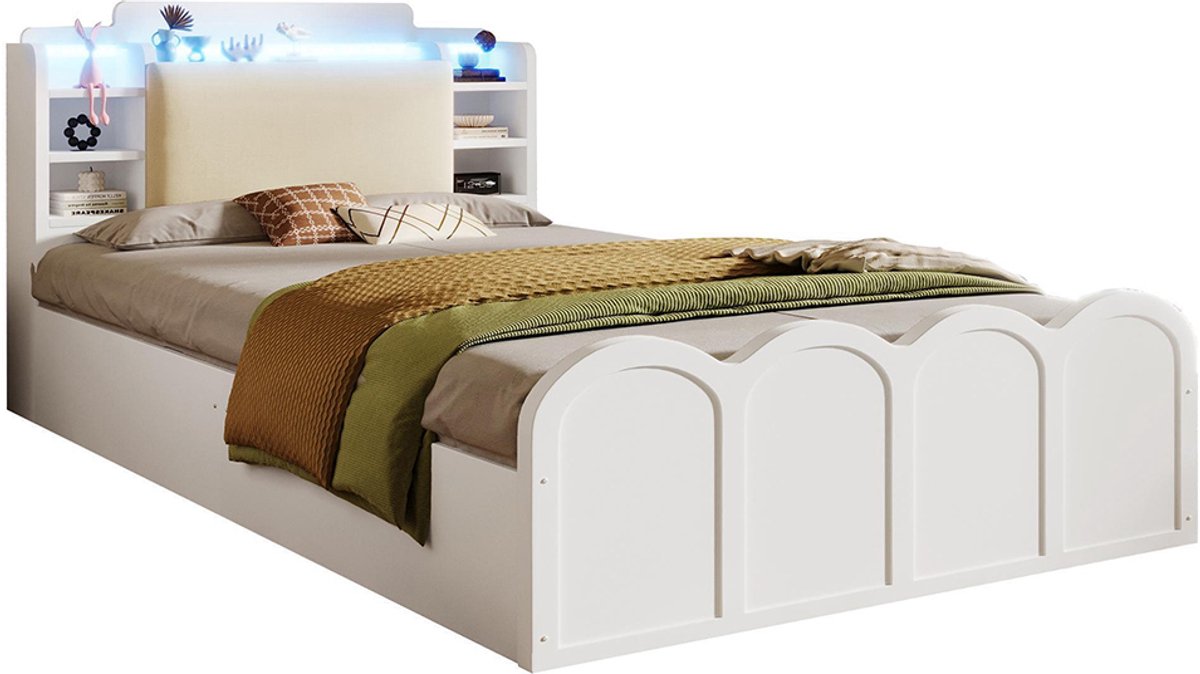 KOMHTOM Paneelbed, 90 x 200 cm, hydraulisch systeem, met USB Type-C-oplaadfunctie, LED-verlichting, bediening via drukknop/app, zonder matras, opbergvak met klep, multifunctionele opbergruimte, wit