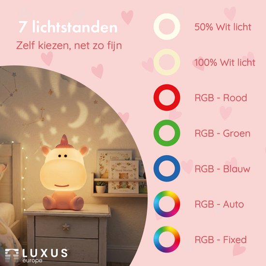 Luxus Nachtlamp Kinderkamer Unicorny - Roze - Nachtlampje baby - Voor kinderen - Slaapkamer - 7 kleuren licht - RGB - Bluetooth speaker - Draadloos - Oplaadbaar van Merkloos — afbeelding 3
