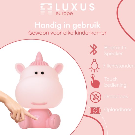 Luxus Nachtlamp Kinderkamer Unicorny - Roze - Nachtlampje baby - Voor kinderen - Slaapkamer - 7 kleuren licht - RGB - Bluetooth speaker - Draadloos - Oplaadbaar van Merkloos — afbeelding 2