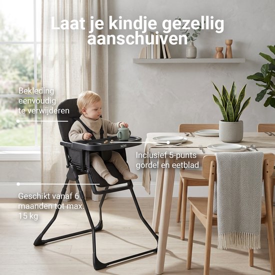 Novi at Home Mila Kinderstoel - Zwart Melange - Inclusief eetblad - Eenvoudig inklapbaar van Novi at Home — afbeelding 4