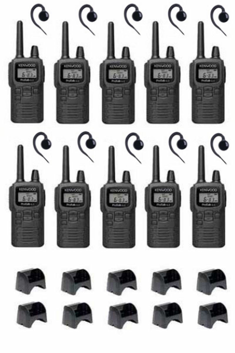 Set van 10 Kenwood PKT-300 ProTalk XLS IP52 PMR446 mini portofoons en C-ring oortje