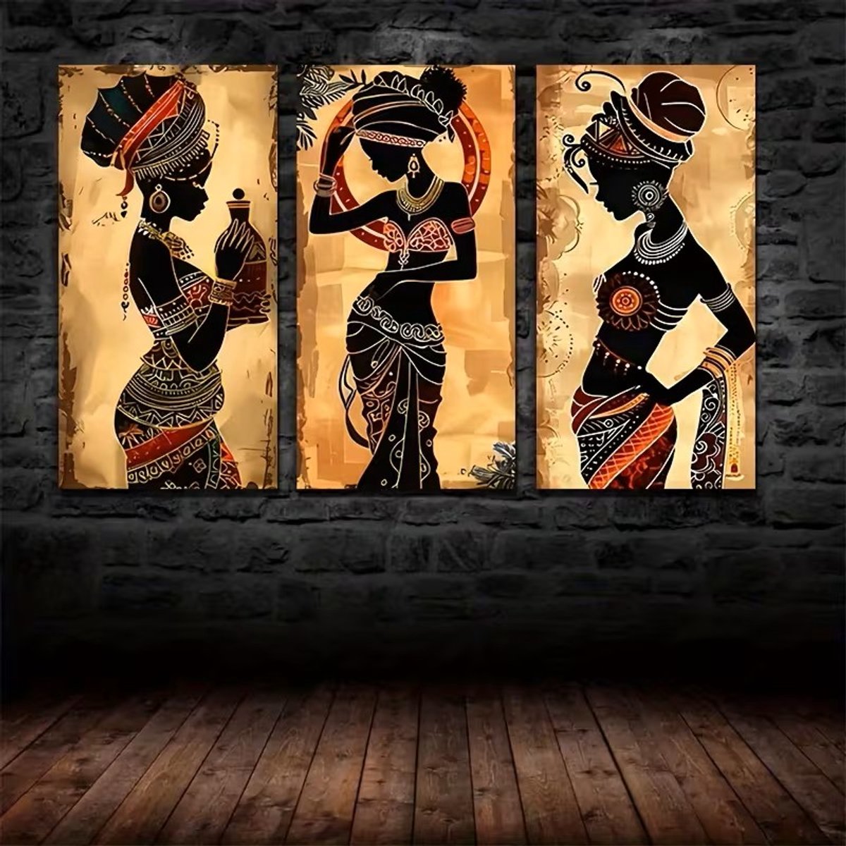 Canvas poster set - Afrikaanse kunst - Etnische vrouwen - Woning inrichting - 3 luik wanddecoratie - Traditioneel design - 60x30 cm - Zonder lijst - trendy