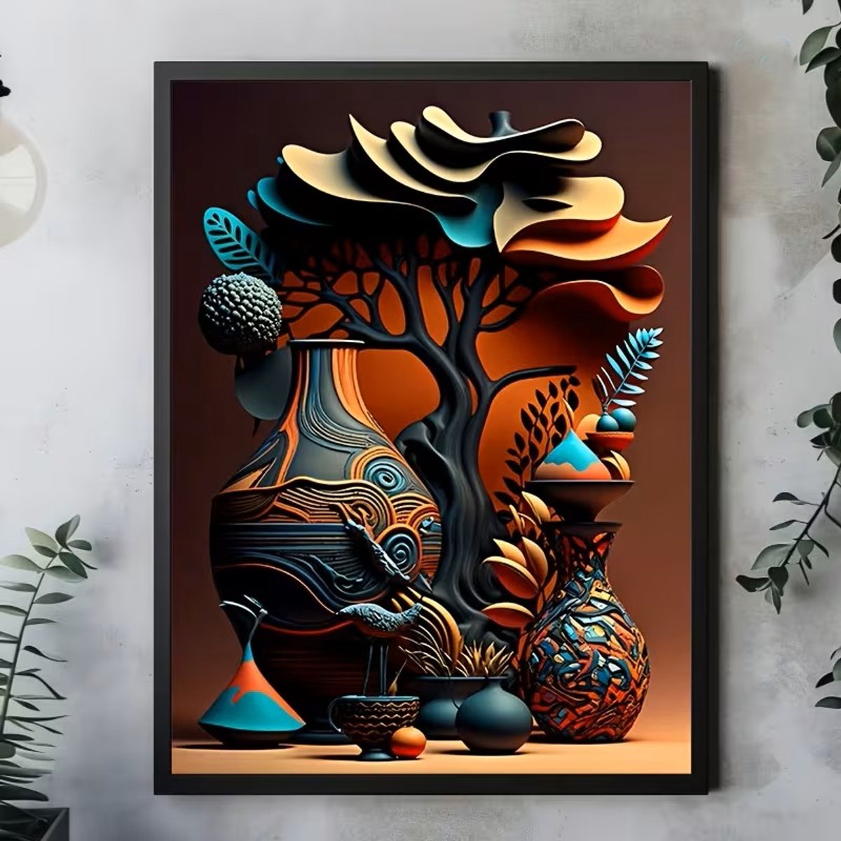 Canvas poster - Afrikaanse kunst - Abstracte natuur - Boom en vazen - Etnische wanddecoratie - 30x40 cm - Zonder lijst - Warme kleuren