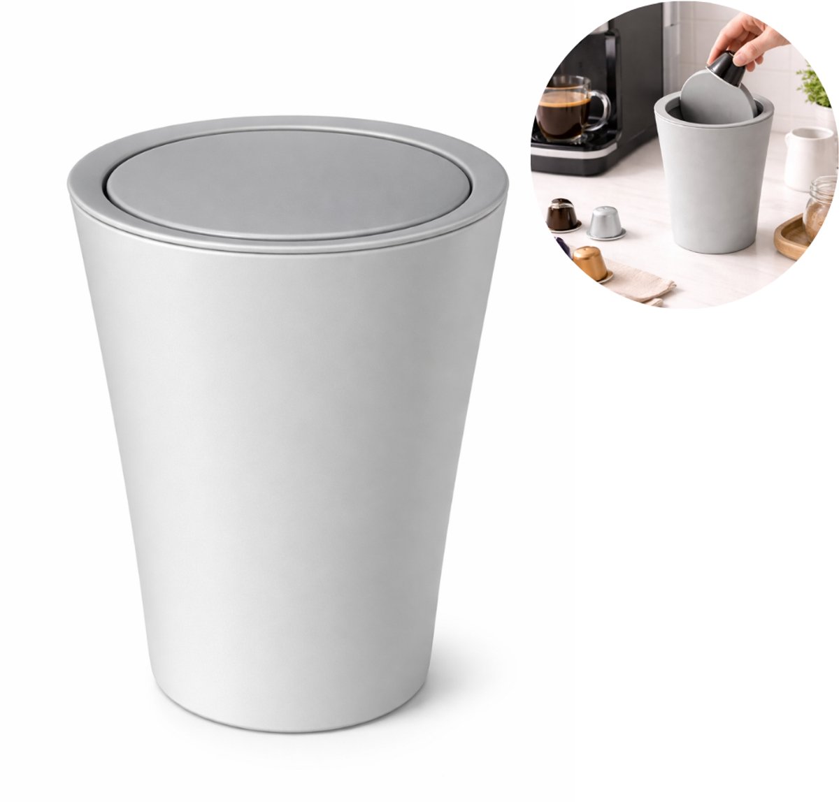 Mini Prullenbak - Afvalbakje met Deksel - Kleine mini prullenbak voor het Aanrecht, Bureau - Prullebakje Rond - Grijs
