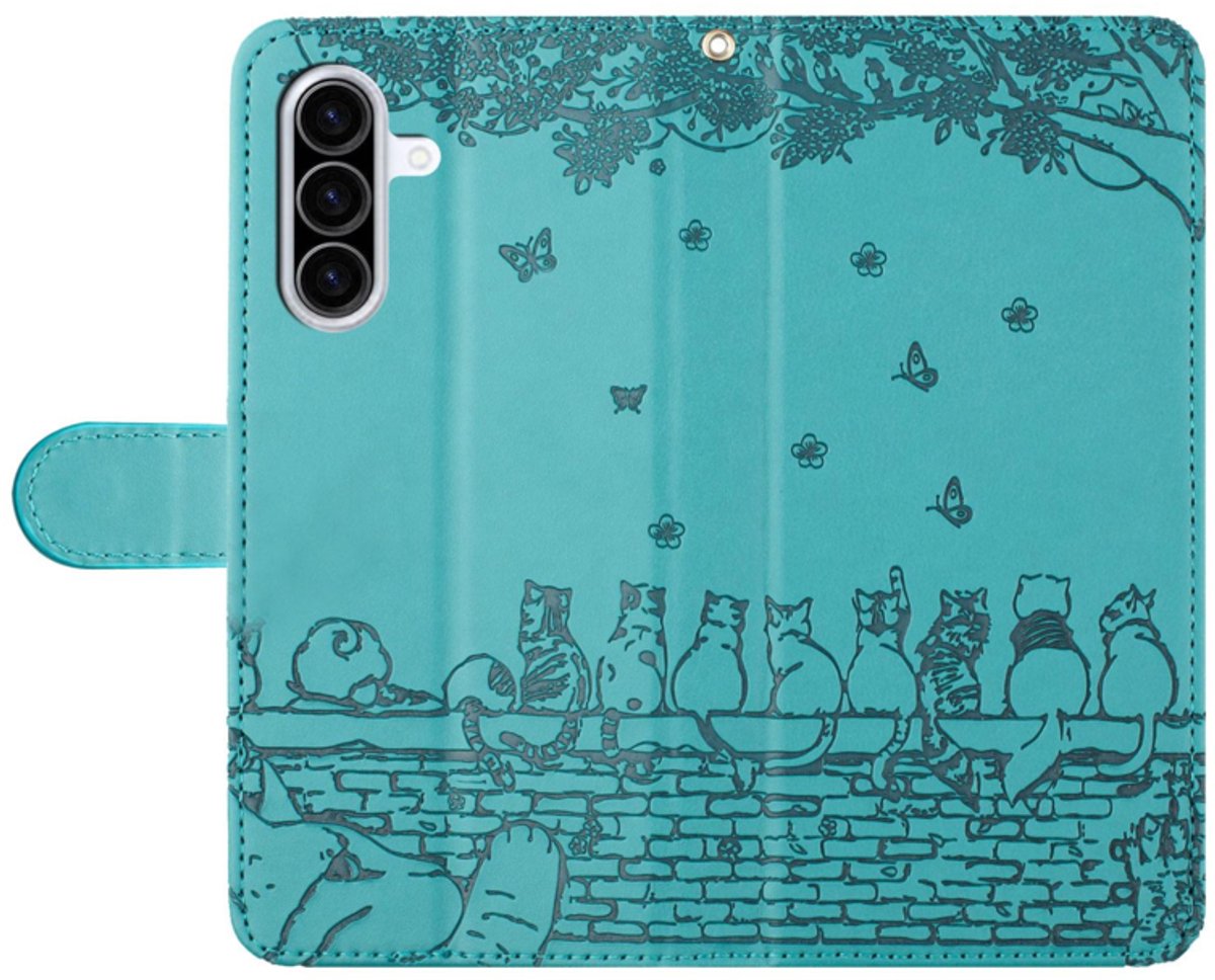 BookCover Hoes Etui geschikt voor Samsung Galaxy A57 - Turquoise - Katten op Muurtje - Reliëf