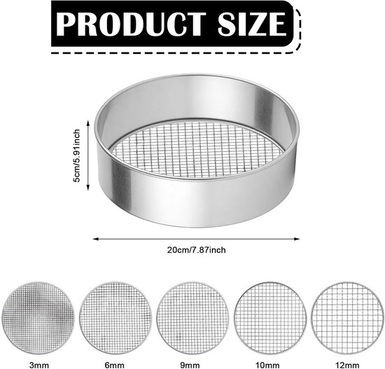 5 In 1 Tuinzeef Ø20cm - Grondzeef, Compostzeef, Zandzeef - Zeef met Verwisselbare Netten - Inclusief 5 Roosters (3,6,9,10,12 mm) en 1x Tuinschepje - Tuinzeef RVS - Multifunctionele Zeef voor Zand, Steentjes en Aarde - Handmatige Bodemzeef - Rond van Merkloos	 — afbeelding 3