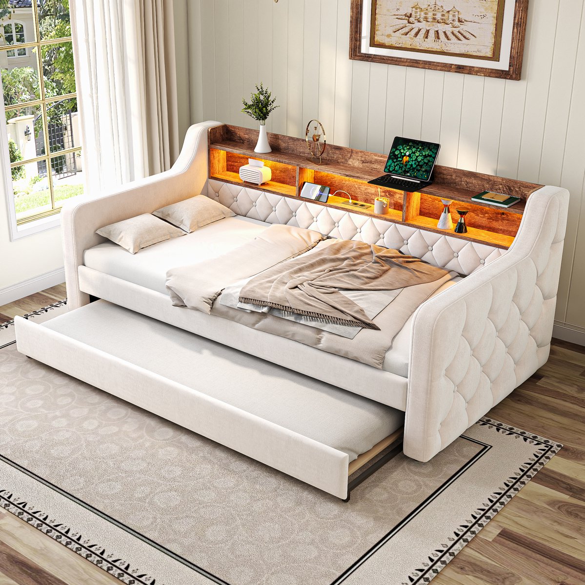 MODENUIT Bedbank 90x190 cm – Uitschuifbed met ledverlichting en USB-C – Met opbergrek – Zonder matras – Fluweel – Beige
