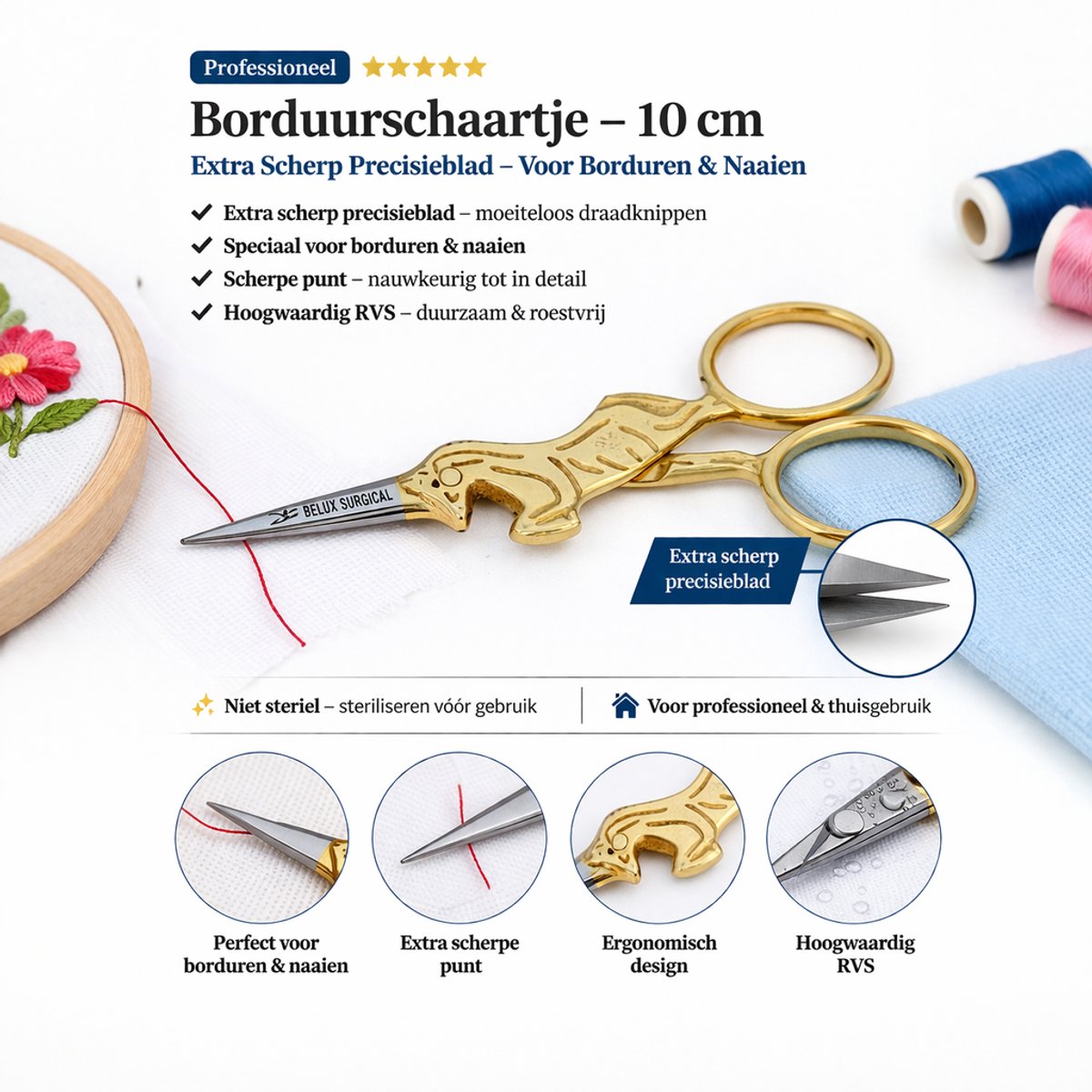 Belux Surgical Instruments /Professioneel Borduurschaartje – Extra Scherp Precisieblad – Voor Borduren & Naaien – RVS – 10 cm