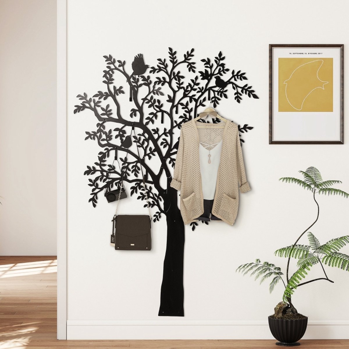 REDOM - Wandgarderobe - Boomdesign Met Vogels - Wandmontage - Metaal - Zwart - 120 x 175 cm