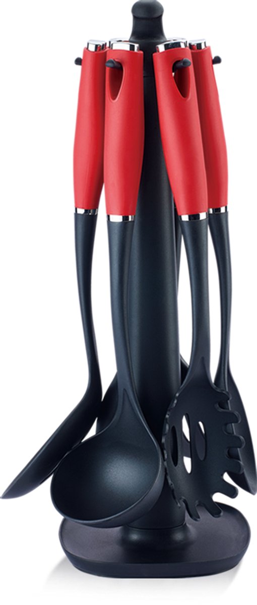 Swiss Haus® KU7BU Nylon Keukengerei Sets Met Houder - 8 Delig Kookgerei Set - BPA Vrij & Hittebestendig - Vaatwasserbestendig - Ophangbaar - Rood