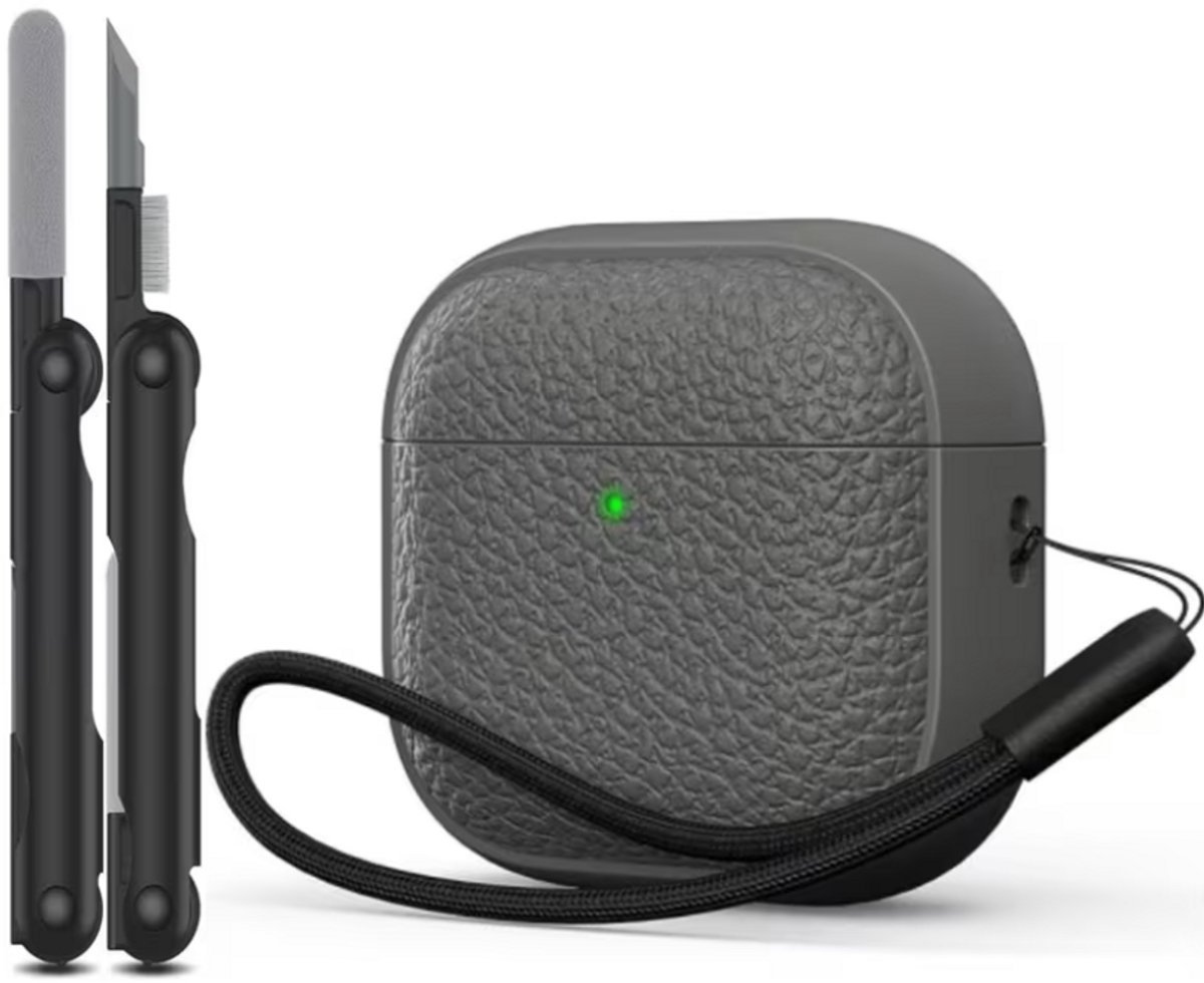 Grijs hoesje voor oordopjes unisex met textuur en draagkoord geschikt voor AirPods 4 inclusief reinigingsset en TPU beschermhoes