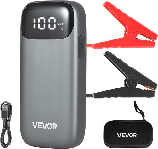 VEVOR Jump Starter Power Bank, Startbooster met Een Piekvermogen van 6000a, Inclusief Led-Zaklamp en Kabel, Geschikt voor Diesel- en Benzinemotoren tot 10 Liter. Deze Auto-Accubooster Biedt Snelladen en Veiligheidsbescherming voor Noodgevallen