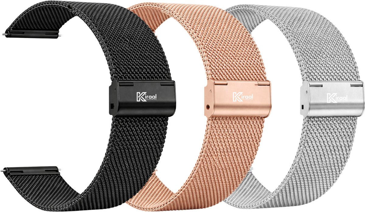 Kiraal Premium Luxe RVS Smartwatchbandjes Set – 20mm – Set van 3 – Meerdere Kleuren – Universeel – Geschikt voor Smartwatch