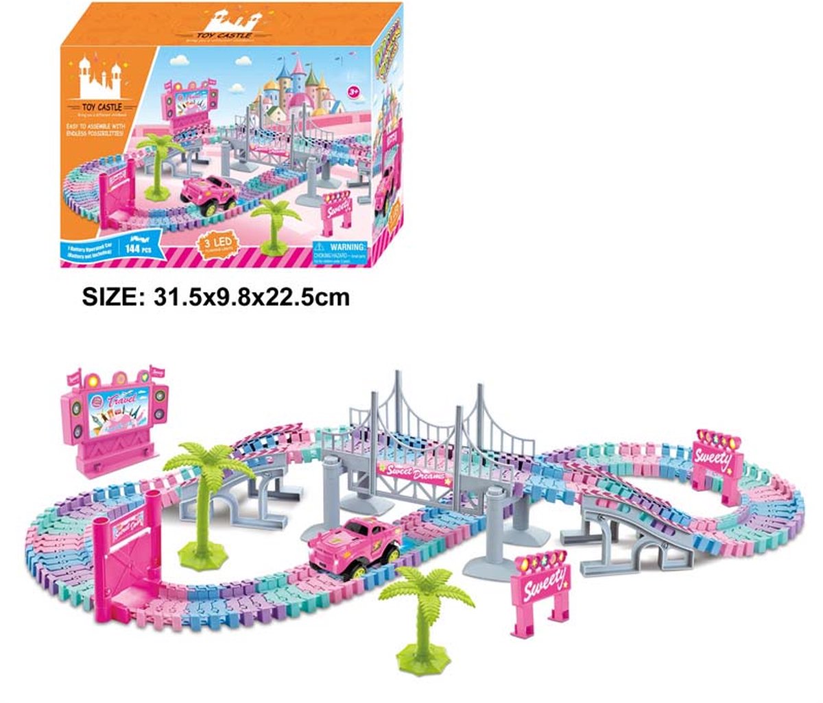 Roze Magic Track - Magische flexibele autobaan met LED - 144dlg racebaan roos